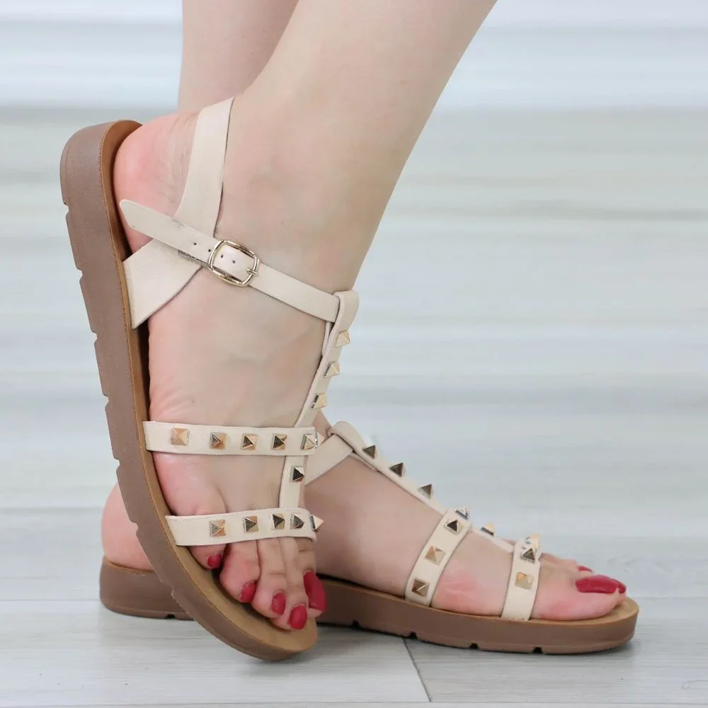 Nude Metal Stud Trendy Comfy Flat Gladiator Sandal Slip On Sliders - Picture 5 of 11